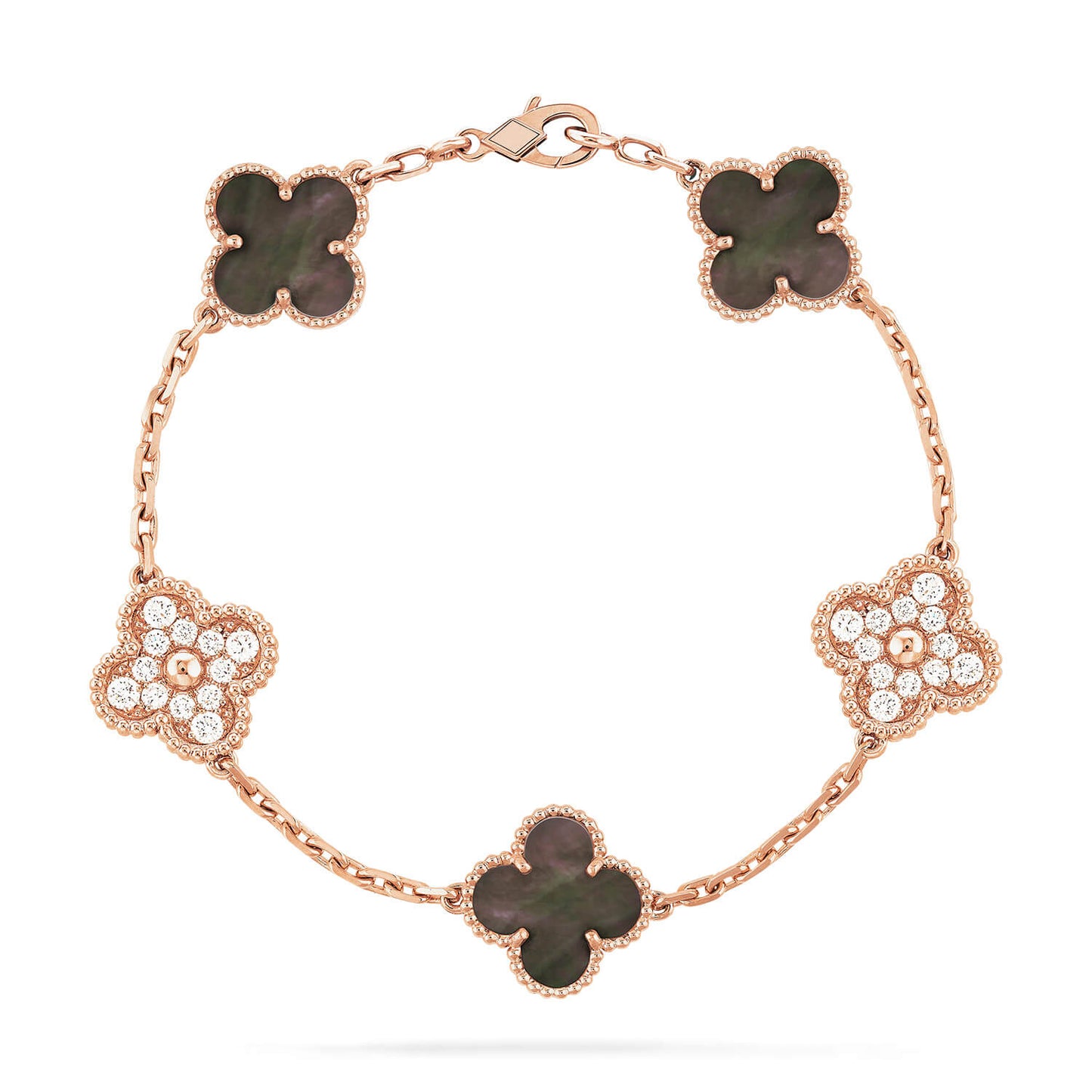[Everoly JW]CLOVER 5 MOTIFS DARK MOP AND DIAMONDS PINK GOLD BRACELET