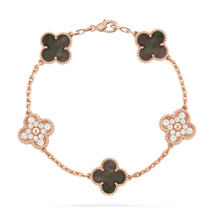 [Everoly JW]CLOVER 5 MOTIFS DARK MOP AND DIAMONDS PINK GOLD BRACELET