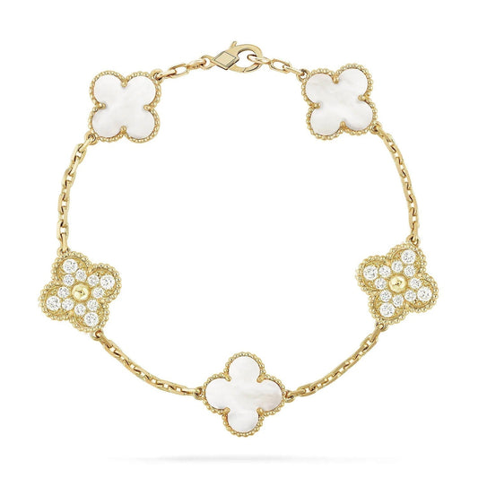 [Everoly JW]CLOVER BRACELET 5 MOTIF WHITE MOP DIAMOND