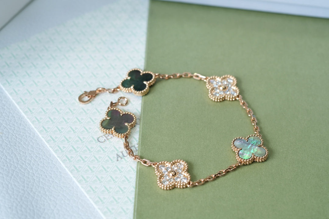 [Everoly JW]CLOVER 5 MOTIFS DARK MOP AND DIAMONDS PINK GOLD BRACELET