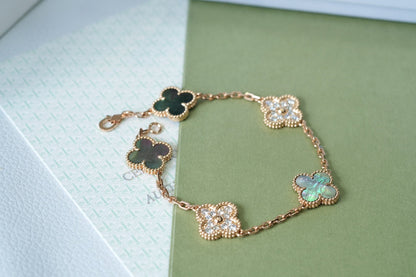 [Everoly JW]CLOVER 5 MOTIFS DARK MOP AND DIAMONDS PINK GOLD BRACELET