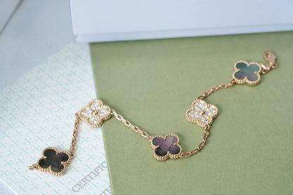 [Everoly JW]CLOVER 5 MOTIFS DARK MOP AND DIAMONDS PINK GOLD BRACELET