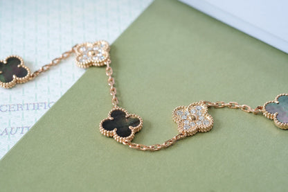 [Everoly JW]CLOVER 5 MOTIFS DARK MOP AND DIAMONDS PINK GOLD BRACELET
