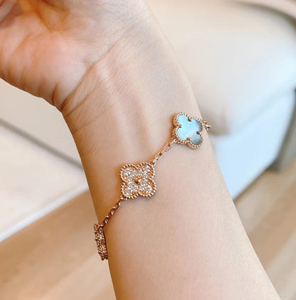 [Everoly JW]CLOVER 5 MOTIFS DARK MOP AND DIAMONDS PINK GOLD BRACELET